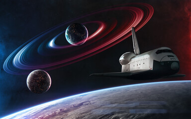 Wall Mural - deep space planets, orbital shuttle in red and blue starlight. science fiction. elements of this ima
