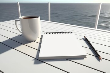 Wall Mural - Open Spiral Notebook empty page and coffee mug on white wooden desk. Planner. Notepad. Generative AI.