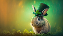 Cute Rabbit Wearing A Green Hat Celebrating Saint Patrick Day On Blurred Background. Generative AI