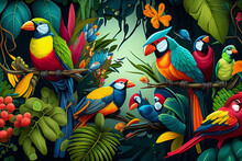 Animal Creative Composition. Colorful Birds Hidden In Tropical Scene Background. Painting. 