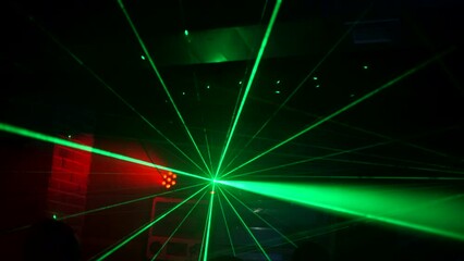 Poster - Bright laser lines in club at night. Clip. Dance floor in nightclub with green lasers. Lines of bright lasers shine in busy nightclub