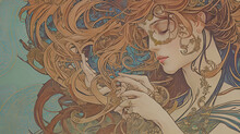 Abstract Art Nouveau Decoration Illustration Of Fictional Woman For Cards Or Banner Designs, Generative Ai