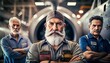portrait Team of aircraft engineers repairing and maintaining jet airplane, Generative AI