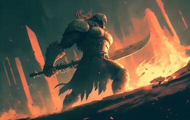 Wall Mural - a medieval knight with his sword leapt into the fight against the giant, digital art style, illustration painting, Generative AI