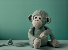 Knitted Monkey Toy Isolated On Green Background. Generative AI. 