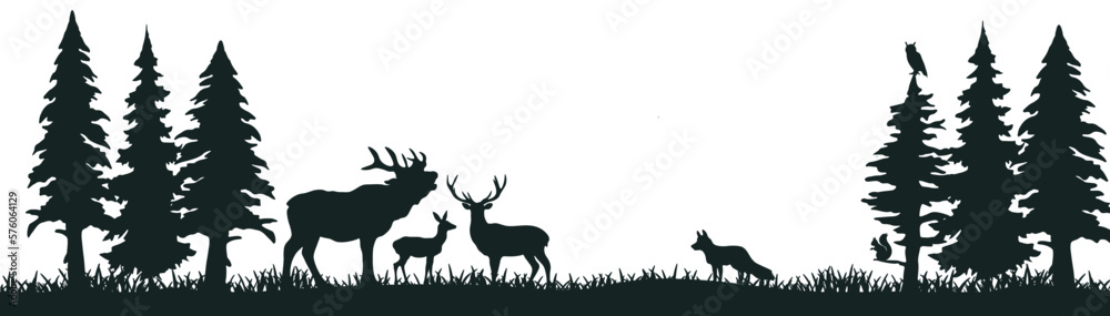 Black silhouette of wild forest woods animals and forest fir trees ...