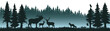 Silhouette of wild forest woods animals and misty fog forest fir trees camping adventure wildlife landscape panorama illustration icon vector for logo, isolated on white background