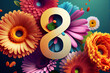 Colorful spring floral background with gerbera, daisy  and number 8, 8 mart concept, generative ai