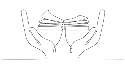 Poster - Continuous line drawing hands holding open book. Education linear symbol in human arms. Vector illustration isolated on white.