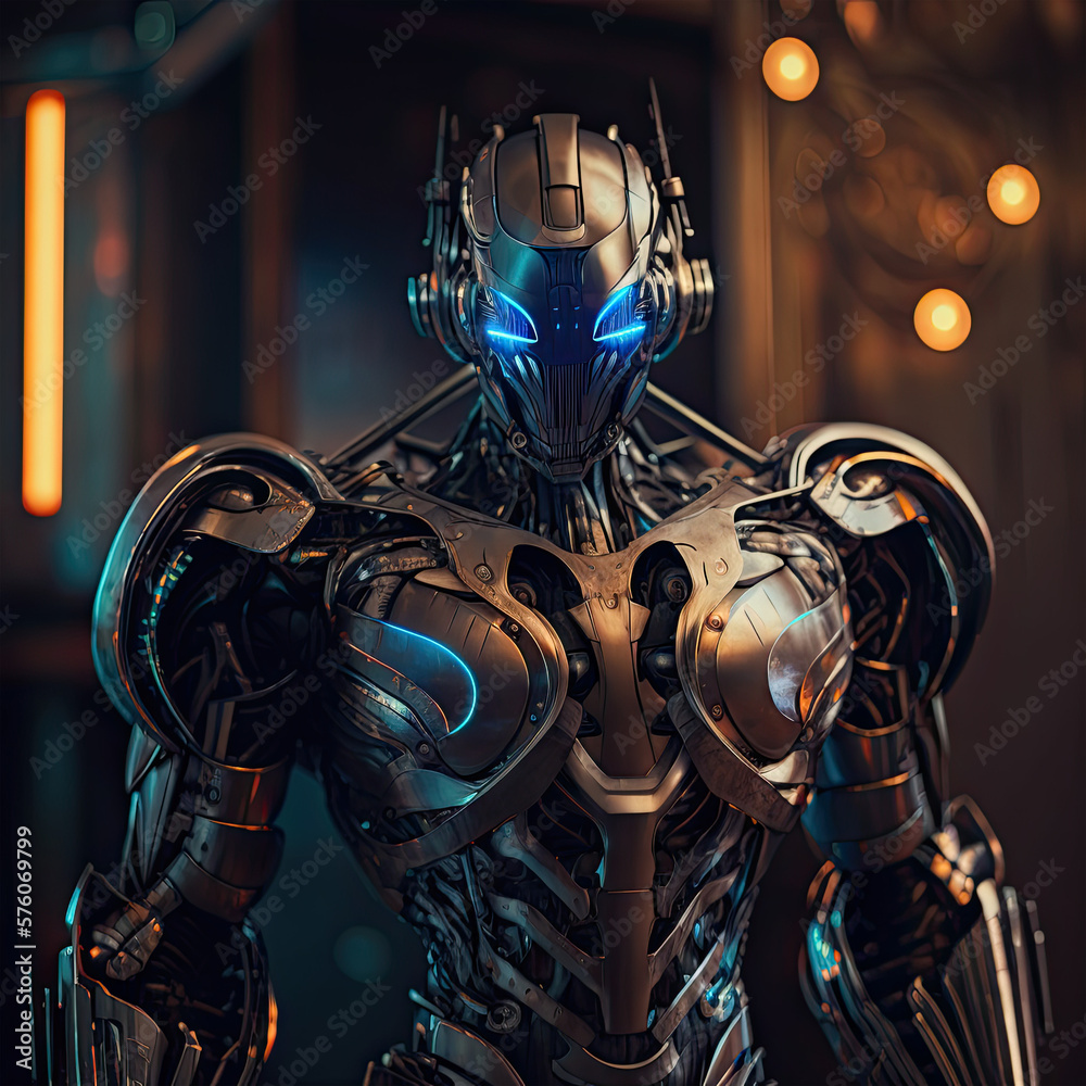 A futuristic robot with sleek, metallic curves and glowing blue eyes ...