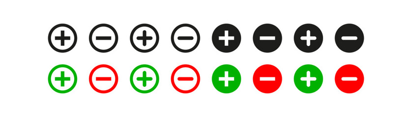 Plus and minus icon set. Positive and negative choice vector desing.
