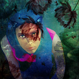 Fototapeta  - Ilustracja portret młoda kobieta ze spojrzeniem kota wśród roślin abstrakcja