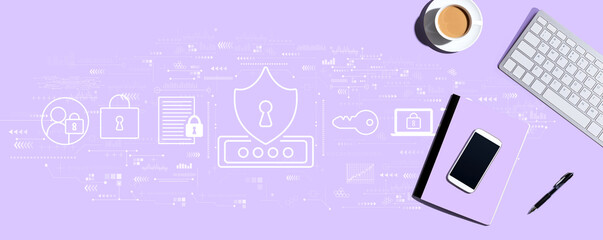 Poster - Cyber security theme with a computer keyboard and office items