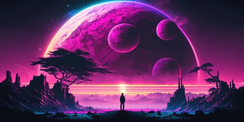 Neon Synthwave Sci-Fi Planet landscape - generative ai