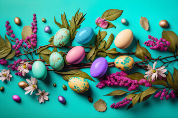 Wall Mural - Colorful easter eggs with spring flowers composition. Generative AI