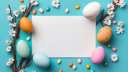 Wall Mural - Easter eggs with spring flowers. Blank paper with easter composition frame. Generative AI