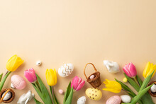 Easter Celebration Concept. Top View Photo Of Colorful Easter Eggs Small Baskets Ceramic Bunnies Yellow And Pink Tulips On Isolated Pastel Beige Background With Copyspace