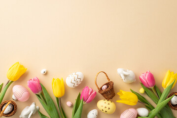 easter celebration concept. top view photo of colorful easter eggs small baskets ceramic bunnies yel