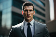© aicandy - Professional businessman in a white shirt and black tie standing in front of a skyscraper building, generative ai