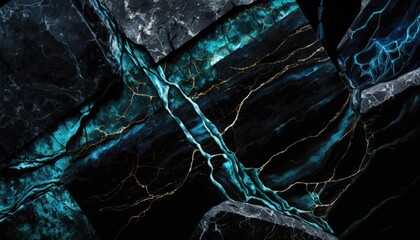 Wall Mural - Mystic Midnight Marble: Black Stone with Blue and Gold Veins, AI Generative