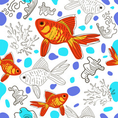 Wall Mural - Seamless pattern of bright yellow-red fish, corals and waves in line and doodle style. Marine pattern. Vector illustration