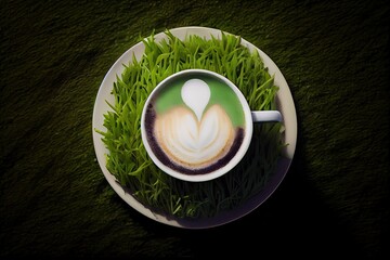 Wall Mural - Freshly Roasted Aromatic Cappuccino Nestled in Nature's Beauty: Enjoy a Break with a Sharpened Ceramic Coffee Cup on Lush Green Grass, Generative AI