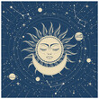 Sleeping sun with closed eyes over crescent, astrology, planets on orbits in space, sun face and constellations, tarot magic, vector