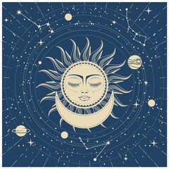 Wall Mural - sleeping sun with closed eyes over crescent, astrology, planets on orbits in space, sun face and con