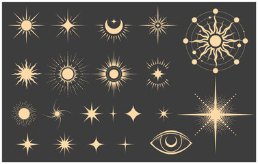 set of mystical star icons, magic moon and astrology stars in tarot style, christmas decoration, vec