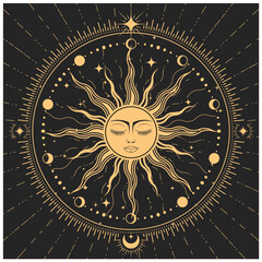 Wall Mural - sleeping sun with closed eyes, astrology symbol, sun with face in ornate frame , tarot magic, vector