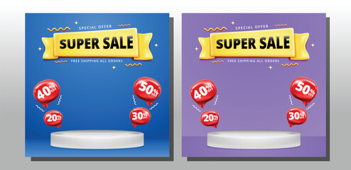 Wall Mural - super sale promo banner template with 3D podium and bolt icons