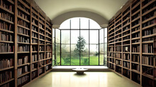 Expansive Library Room With Large Arched Window. Background Illustration, Generative Ai, Generative, Ai