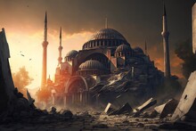 A Catastrophic Earthquake In Istanbul, Turkey. Concept Illustration. Hagia Sophia Grand Mosque (Turkish: Ayasofya Camii), Lying In Ruins.