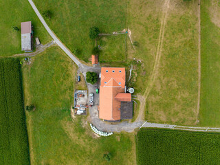 Sticker - Aerial view of farm buildings in rural area in Switzerland.