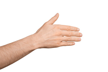 Wall Mural - A man's hand tries to say hello or shows to the side with his hand, palm. Isolate on a white background.