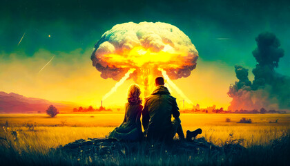 Two people sitting on rock looking at nuclear explosion Generative AI