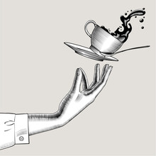 Woman's Hand And Flying Coffee Cup With A Splashed Coffee Or Tee, Dish And Spoon. Vintage Stylized Drawing. Vector Illustration