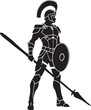 Illustration of a Spartan warrior in striking black and white monochrome style, evoking a sense of power and courage through his poised spear and commanding stance