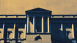 Neoclassical building facade and portico with dramatic shadows in muted gold and blue duotone palette with grainy vintage print texture effect