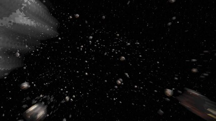 Wall Mural - flying inside asteroid belt in deep space fast motion deep space with dangerous rocks flying toward 