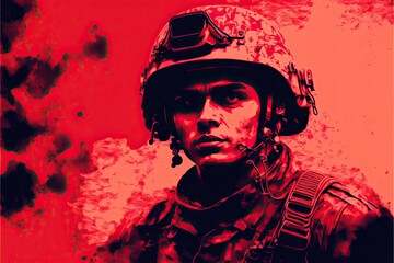 Military man, soldier in combat helmet on red background. AI generative