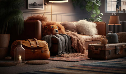 Poster -  a stuffed animal sitting on top of a couch next to luggage.  generative ai