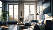 Living-room In An Elegant Modern Parisian Apartment With View On The Eiffel Tower - Generative AI