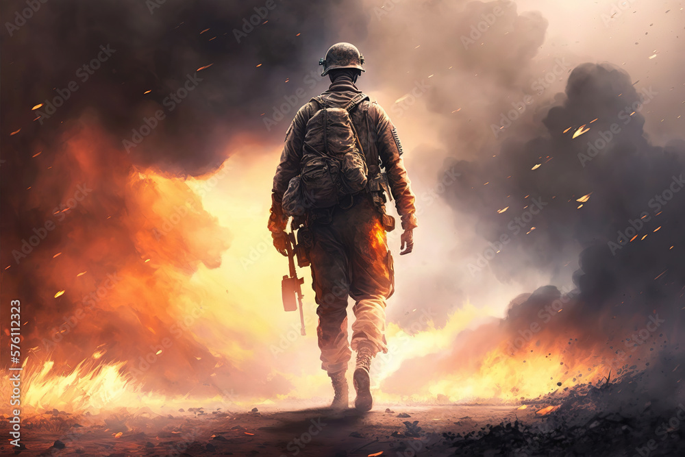 lone soldier in the midst of a war, standing a top of battlefield with ...
