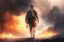 Lone Soldier In The Midst Of A War, Standing A Top Of Battlefield With A Rifle In Hand, Surrounded By Smoke And Fire, Ai Art Illustration 