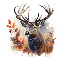  Watercolor Painting Of Majestic Deer Portrait With Forrest Elements Florals