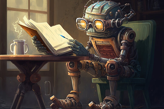 Robots Learning the Future, reading a book, ai art illustration 