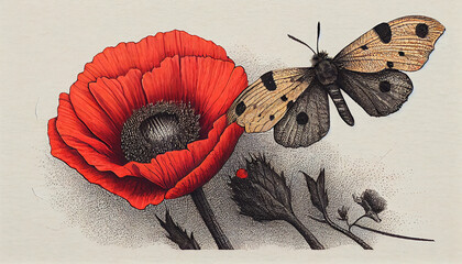 Red Poppy Flower Memorial for Fallen Soldiers - Symbol of Remembrance Day and ANZAC Day. Pointillism Etching and Aquatint Illustration. Generative AI