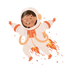 Sticker - Little child in spacesuit flying with jetpack. Kids astronaut character dreaming about adventures in outer space cartoon vector illustration