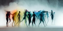 Minimalistic Blur Silhouette Group Of Humans In Color Fog Background, Human Art Concept. Generative AI.